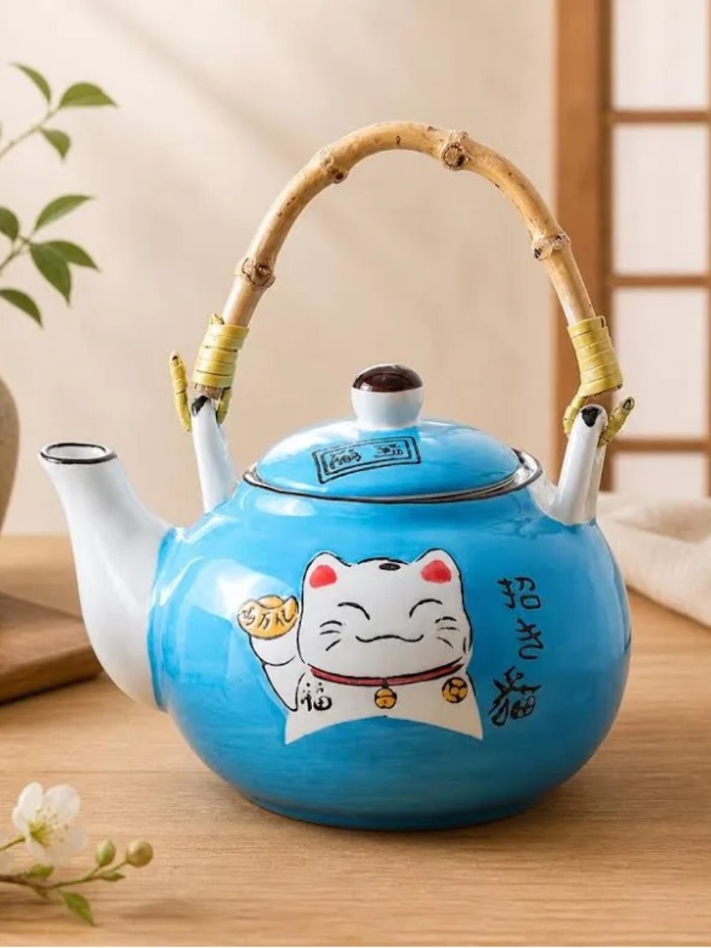 ~🇯🇵🫖Ceramic Blue Maneki Neko Cat Teapot with Bamboo Handle~ 🫖🐱